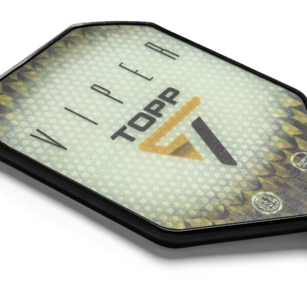 Corner view of a composite pickleball paddle with TOPP VIPER text and a gold and gray T logo.