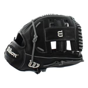 Side view of a black baseball glove with gray stitching and Wilson branding.