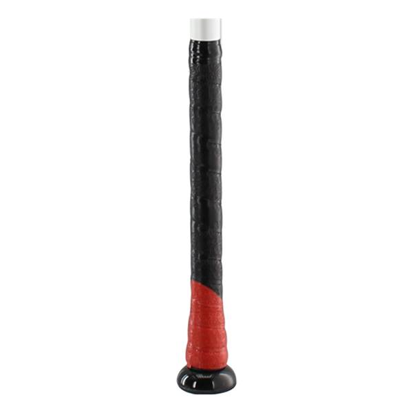 Close-up of a black and red baseball bat grip with a white end cap.
