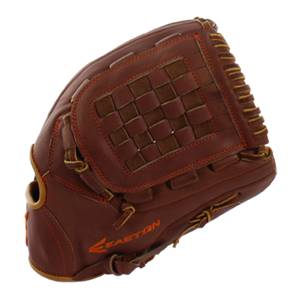Side view of a brown baseball glove with a woven pocket and orange Easton logo.