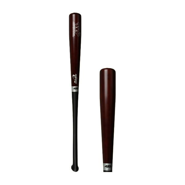 Side view of a dark red baseball bat with black handle and AXE branding.
