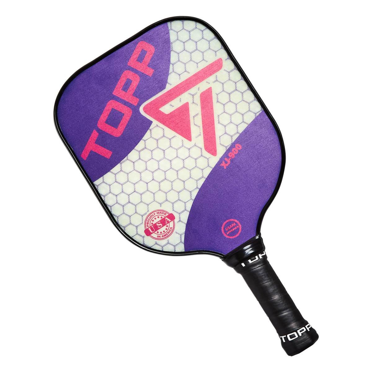 Top-down view of a purple and white pickleball paddle with pink accents, honeycomb pattern, and TOPP branding.