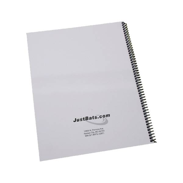 Back view of a white spiral-bound notebook with JustBats.com logo and address.