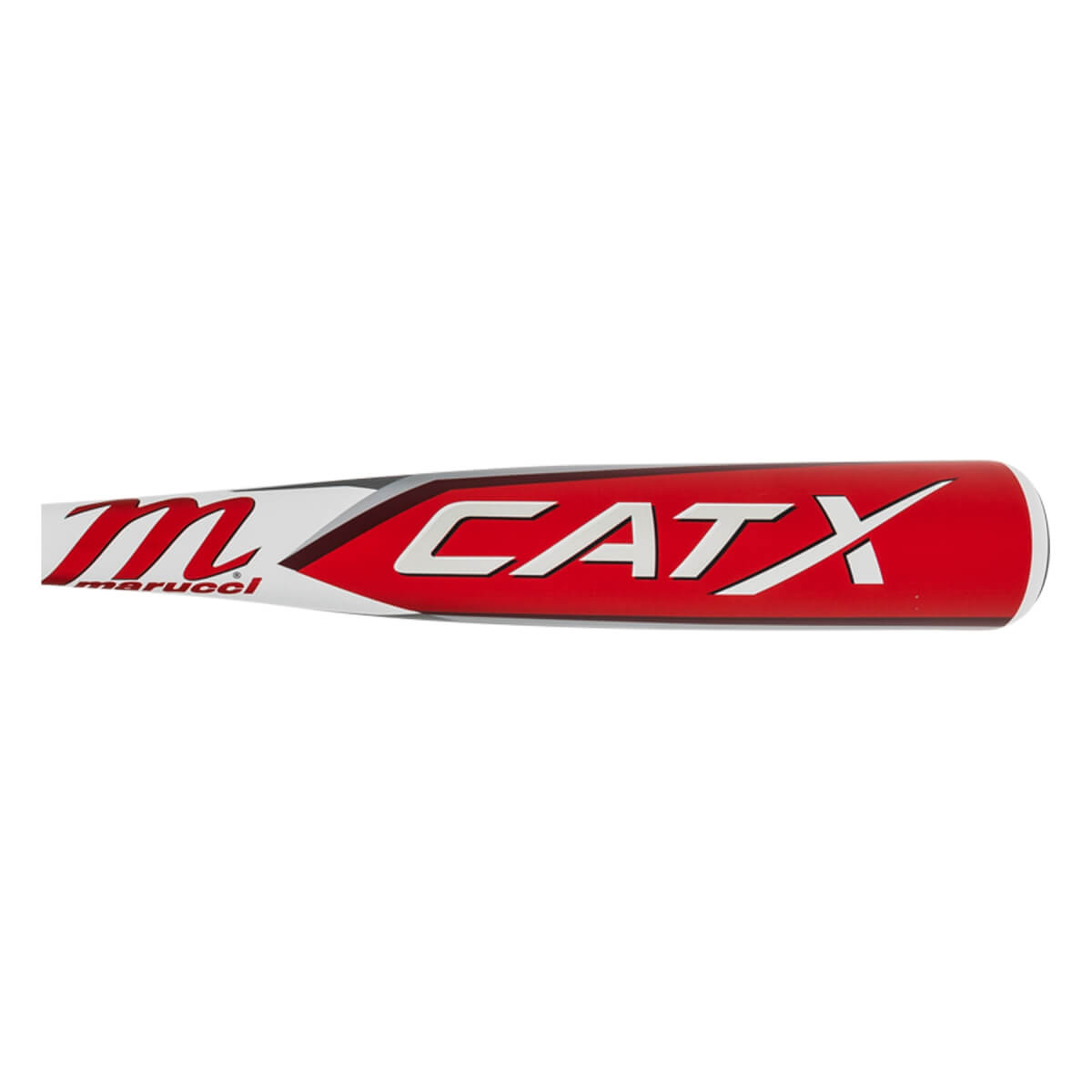 Side view of a red baseball bat with white CATX and marucci logos.