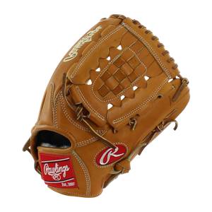 Top-down view of a tan baseball glove with white stitching and a red Rawlings logo patch.