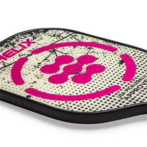 Corner view of a white pickleball paddle with pink circular graphics and HELIX text.