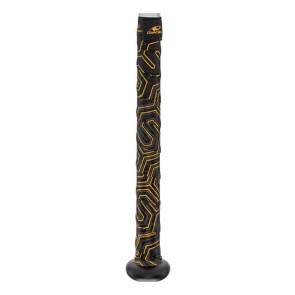 Close-up of a black baseball bat grip with gold geometric patterns and a silver end cap.