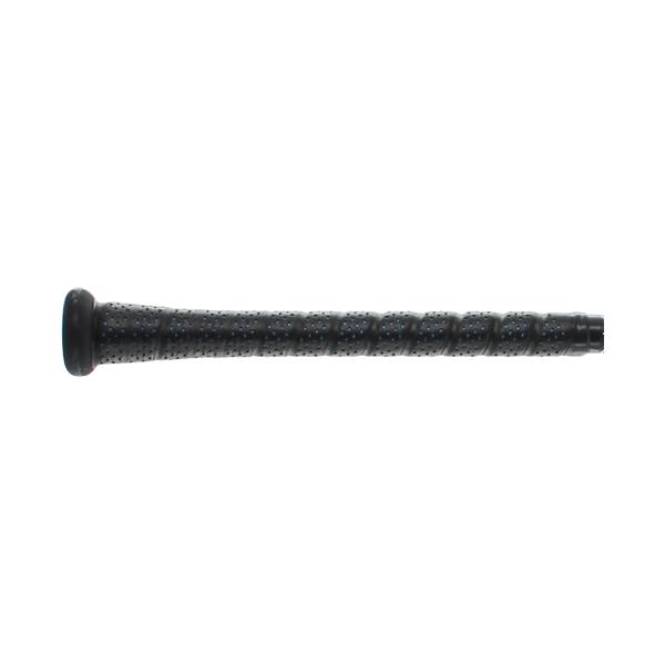 Side view of a black baseball bat grip with a perforated texture.