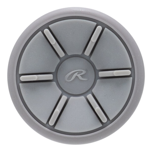 Top-down view of a gray bat end cap with a segmented design, central Rawlings R logo, and light gray inserts.
