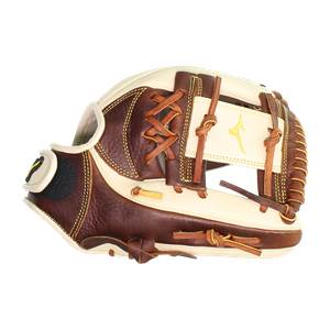 Side view of a brown and cream softball glove with tan lacing and a yellow Mizuno logo.