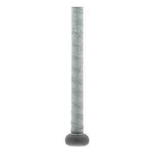 Close-up of a gray baseball bat grip with repeating text and a dark gray knob.