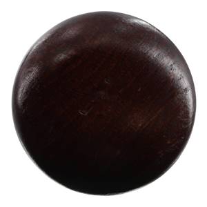 Top-down view of a dark brown baseball bat knob with visible wood grain.