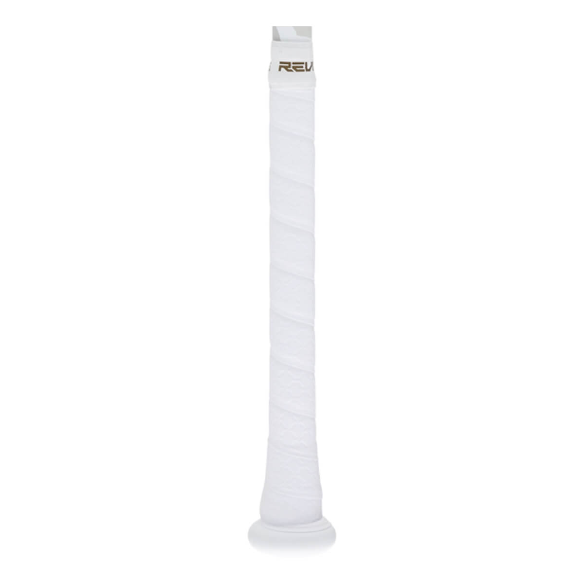 Full view of a white baseball bat handle with a spiral-wrapped grip, a white knob, and REV text near the top.