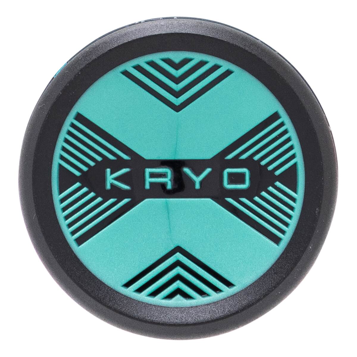 Top-down view of the circular end cap featuring a teal and black geometric design with the word KRYO displayed across the center.