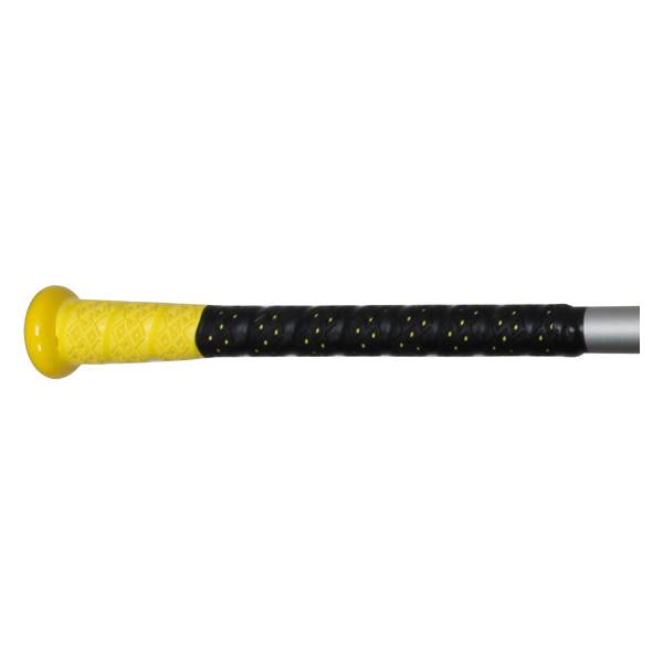 Side view of a yellow and black baseball bat with a textured grip.