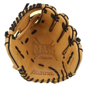 Interior view of a tan Mizuno MVP Series baseball glove with black lacing and PROFESSIONAL MODEL 11.75 Inches text.