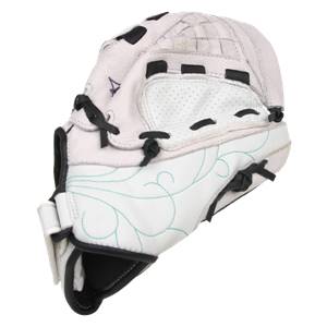 Side view of a white fastpitch glove with black lacing and teal decorative stitching.