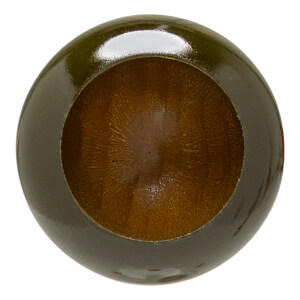 Top-down view of a dark green baseball bats cupped barrel end, revealing natural wood grain inside.