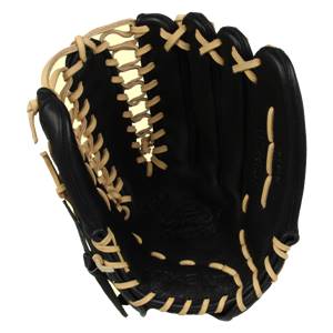Front view of a black baseball glove with tan lacing and Miken branding.