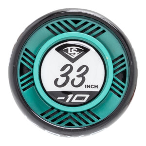 Top-down view of the bat knob featuring a teal and black geometric pattern surrounding a white center marked with the LS logo, 33 INCH, and -10.