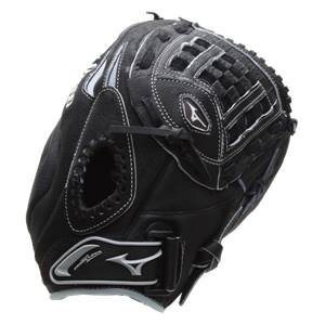 Corner view of a black softball glove with white stitching, a checkered web, and POWER LOCK branding.