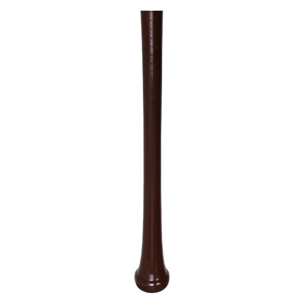 Side view of a brown baseball bat with a smooth finish and flared knob.
