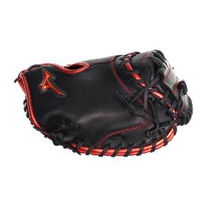 Top-down view of a black baseball catchers mitt with red stitching and Mizuno logo.
