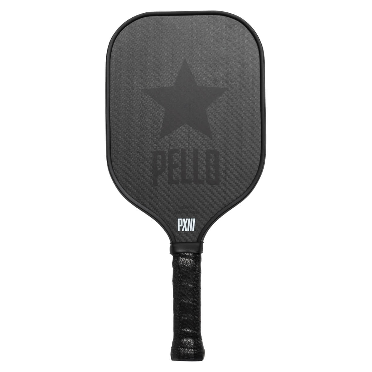 Front view of a black pickleball paddle with a star, PELLO, and PXIII branding.