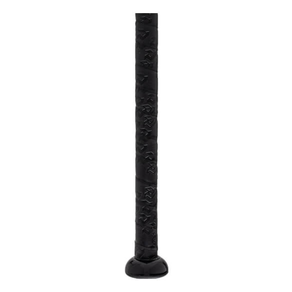 Close-up of a black fastpitch softball bat grip with a repeating pattern and a rounded end cap.