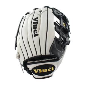 Front view of a white and black baseball glove with Vinci text and gold embroidered logo.