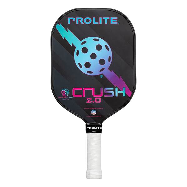 Front view of a black pickleball paddle with a pickleball graphic, CRUSH 2.0 text, and white grip.