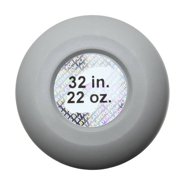 Top-down view of a gray baseball bat end cap with 32 in. 22 oz. text and PLAYERS FOR PLAYERS repeating pattern.