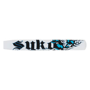 Side view of the white bat barrel showcasing prominent black gothic "Syko" text next to a stylized blue and black flaming skull graphic.