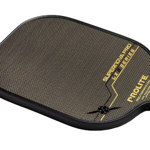 Corner view of a black pickleball paddle with gold PROLITE SUPERNOVA PRO LX SERIES text and textured surface.