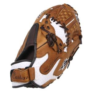 Top-down view of a brown and white Easton fastpitch glove with a woven web and visible branding.