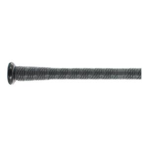Side view of a black baseball bat with a textured grip and a rounded end cap.