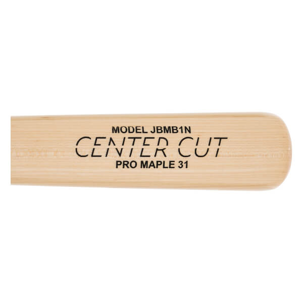 Close-up of a light brown wood baseball bat with MODEL JBMB1N, CENTER CUT, and PRO MAPLE 31 printed in black.