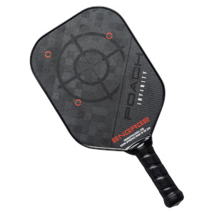 Top-down view of a black pickleball paddle with a target design and POACH INFINITY text.