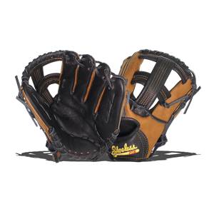 Front view of black and tan baseball gloves with Shoeless Joe branding.