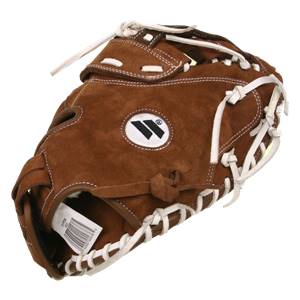 Side view of a brown catchers mitt with white lacing and a white oval logo with black lines.