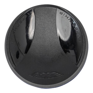 Top-down view of the black end cap featuring "HYPERWHIP" engraved on the sides and the "AXE" logo embossed at the bottom.