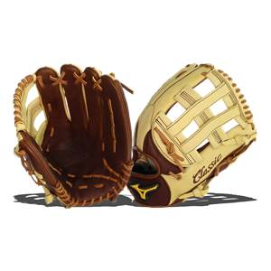 Side view of two baseball gloves, one brown and tan, the other tan and brown, with Classic text visible.