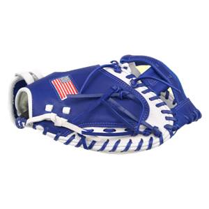 Side view of a royal blue and white catchers mitt with an American flag patch and white lacing.