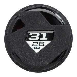 Top-down view of a black baseball bat end cap with a textured surface and a white diamond logo showing 31 and 26 OZ.
