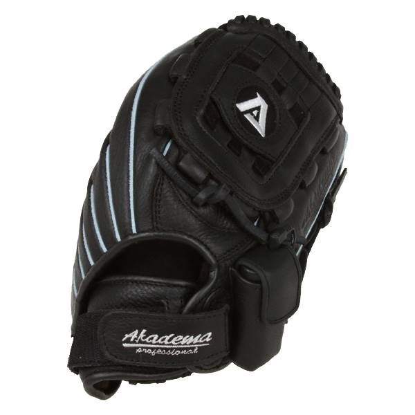 Top-down view of a black baseball glove with white A logo and Akadema professional text.