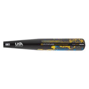 Side view of a black baseball bat with USA Baseball logo and yellow/blue splatter design.