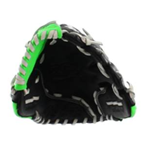 Top-down view of a black baseball glove with neon green accents and white lacing.