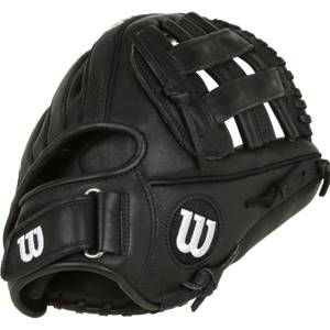 Side view of a black Wilson glove with white W logos and a textured palm.