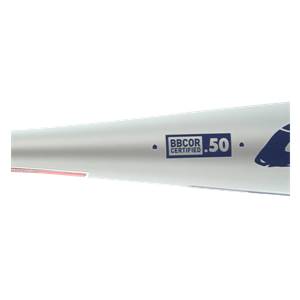 Side view of a silver baseball bat with BBCOR CERTIFIED .50 logo and blue graphic.