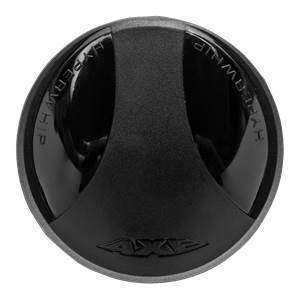Top-down view of a black baseball bat end cap with HYPERWHIP text and Axe logo.